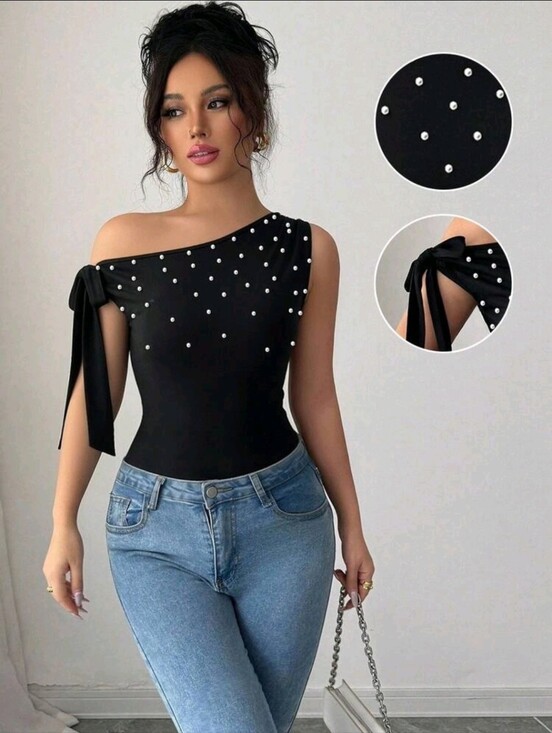 SHEIN Tops - Elenzga Asymmetrical Shoulder Bowknot Faux Pearl Fitted Blouse